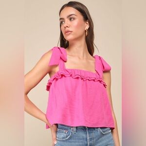 Women's Lulus Hot Pink Ruffled Tie-Strap Top Medium Flirty‎ Tank Top Date Night